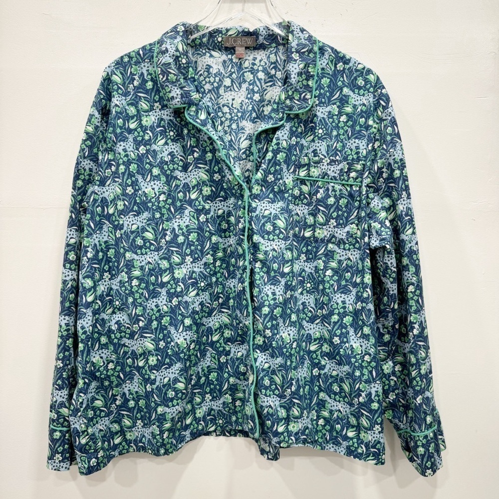 J. Crew Long Sleeve Cotton Pajama Top in Fauna Floral Size 3X Cat Print Blue